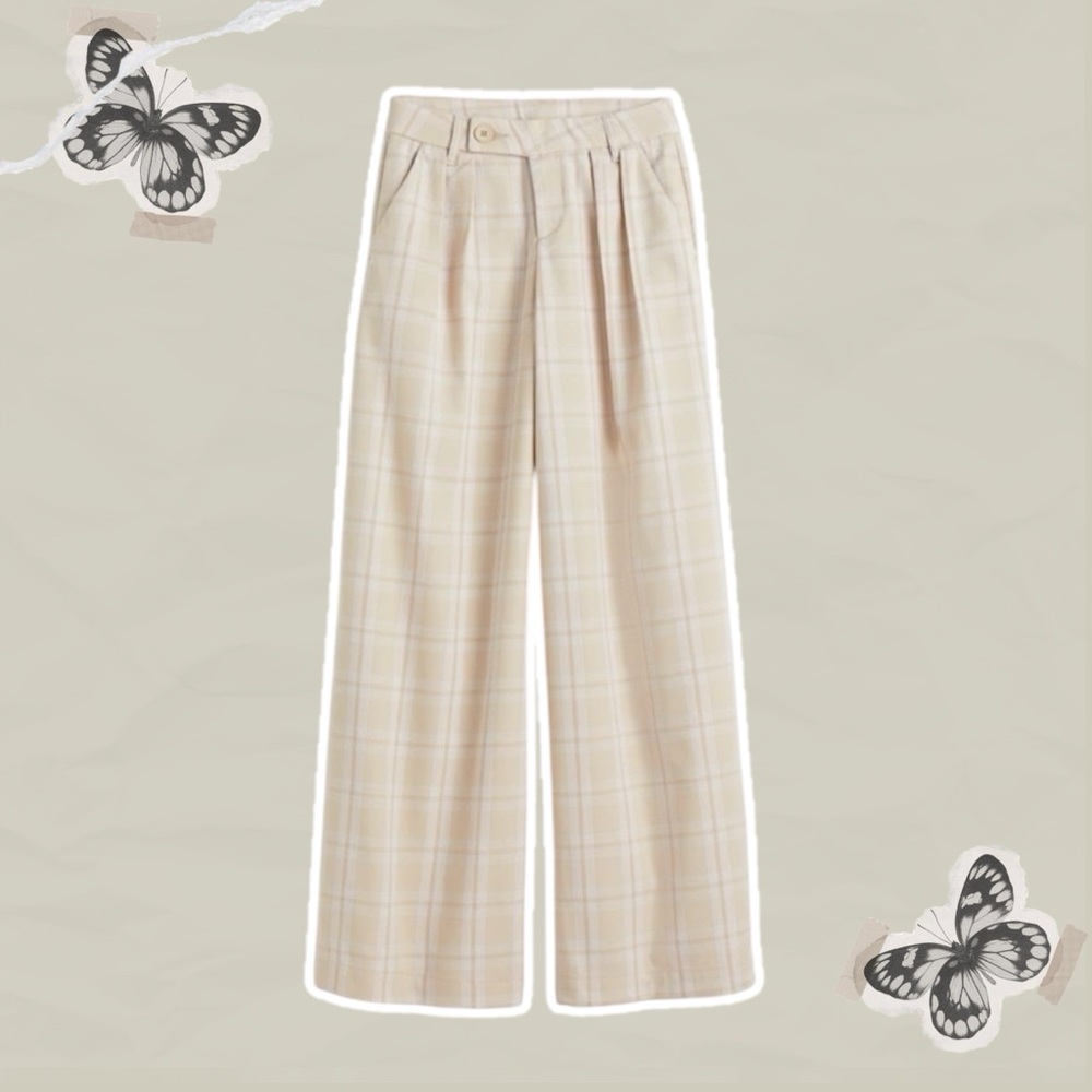 H&M Divided Women’s Size 2 Light Beige/Cream Plaid Wide Leg Dress Trousers